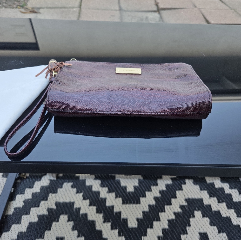 Brahmin Brown Snakeskin Clutch with Tassel Zipper Pull.